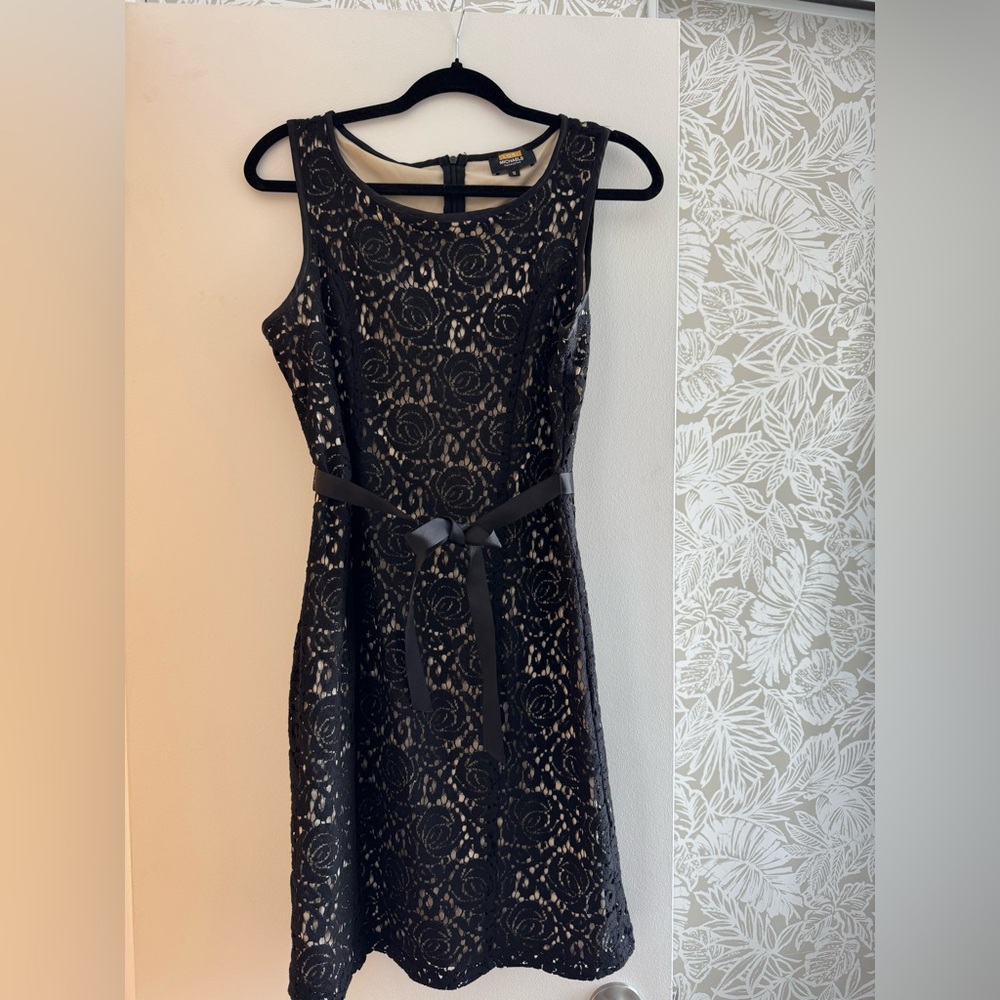 Michaels Black Floral Lace Midi Dress with Satin Waist Tie